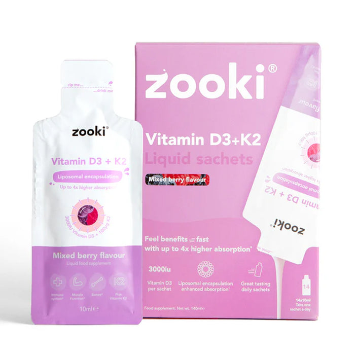 Zooki Vitamin D3+K2 liquid sachets packaging on a white background