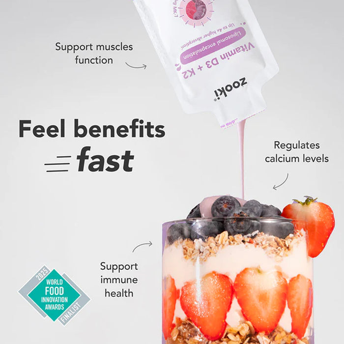 Zooki Liposomal Vitamin D3 & K2 Mixed Berry with berries and on a light gray background.