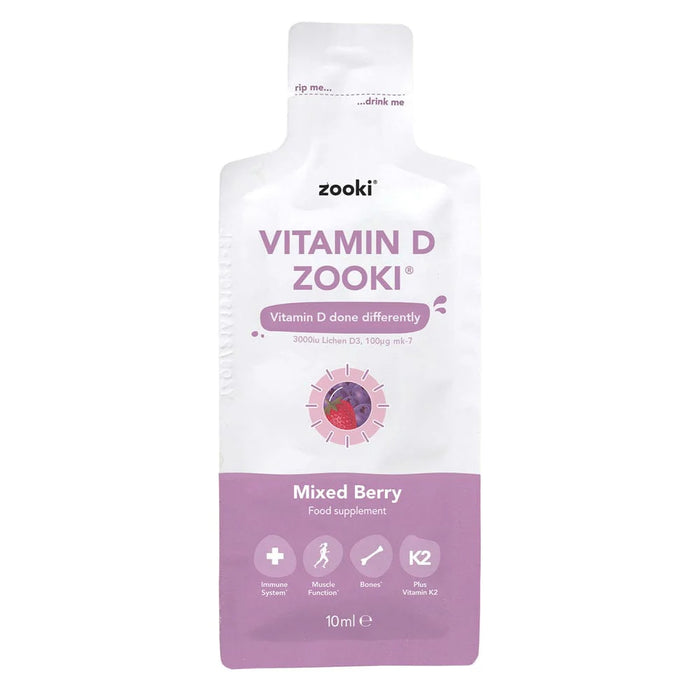 Zooki Vitamin D supplement packaging with mixed berry flavor on a white background